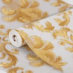 bimiti Gold Damask Wallpaper 53 x 1000 cm Non-Woven Damask Embossed Floral Wallpaper Roll 3D Vintage Floral Damask Wallpaper for Living Room Bedroom Wall Furniture Backdrop Decoration