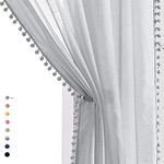 Pom Pom Sheer Grey Curtains for Living Room 52 x 72 Inch Girls Bedroom Pencil Pleat Light Filtering Semi Sheer Voile Curtains Cute Boho Linen Textured Curtain Drapes for Kids Nursery, 52" W 1 Pair