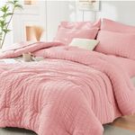 HYMOKEGE Pink California King Comforter Set Seersucker 7 Pieces, All Season Luxury Bed in a Bag for Bedroom, Bedding Set with Comforters, Sheets, Pillowcases & Shams