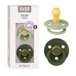 BIBS Colour Natural Rubber Baby Pacifier - Round & Soft Nipple, Gentle Shield Prevents Skin Irritation & Moisture Buildup, 100% Food Grade, BPA Free Soother, 0-6 Months, Pack of 2, Sage & Hunter Green