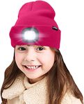 ATNKE Kids LED Lighted Beanie Cap, USB Rechargeable 4 LED Headlamp Waterproof Winter Warmer Knit Night Hats with Light for Boys Girls/Rose Red