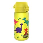 Ion8 Kids Water Bottle, 350 ml/12 oz, Leak Proof, Easy to Open, Secure Lock, Dishwasher Safe, BPA Free, Carry Handle, Hygienic Flip Cover, Easy Clean, Odour Free, Carbon Neutral, Dinosaur Design