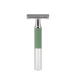 MÜHLE NEO safety razor | double edge safety razor | sustainable eco-friendly and reusable | fits all standard DE razor blades | for men and women | chrome with sage green silicone grip handle