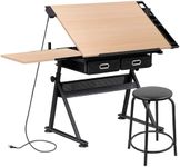 ZENY Adjustable Drafting Table with Stool, Tilting Drawing Desk Artist Table with Storage Drawers, Art Craft Workstation for Home Office Reading, Writing, Crafting (Brown-with Outlet)