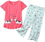 ENJOYNIGHT Women's Pajama Short Sleeve Sets Top with Capri Pants Sleepwear Sets Loungewear(X-Large,Red Dog)