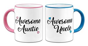 Pair of Awesome Auntie & Uncle Lovely (Heart) Novelty Gift Mugs - Pink & Blue Handle/Rim