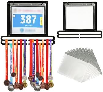 Présentoir à Médailles, Dossard de Course et Présentoir à Médailles Mural Médaille Cintre Porte-Médailles pour Cadeaux de Coureurs Présentoir de Plus de 40 Médailles et avec 10 Pochettes à Rab