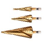 Spiral Grooved Step Drill Bit Set, High Speed Steel Titanium Coated, 4mm to 12/20/32 mm (5/32" to 5/4") Hex Shank Metric, HSS Cut Tool Set for DIY Plastic Wood Metal Aluminum Copper