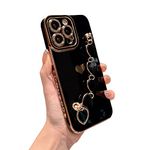 VANIPUFF for iPhone 15 Pro Max 5g 6.7" Phone Case, Luxury Heart Bracelet Strap Plated Cute Love Hearts Cover with Hearts Hand Chain for Women Camera Protection Shockproof Bumper(Black)