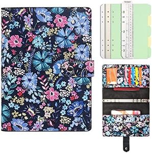 Wonderpool Reliures de cahier en cuir rechargeables Journal de motif d'écriture avec poches - Papier ligné100gsm pour le travail voyages scolaires (Fleurs, A5)