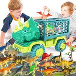 Dinosaur Truck Toy for Kids 3-5 Years Old, Triceratops Transport Car Carrier Truck with 15 Dino Figures Activity Play Mat Dinosaur Egg and Trees Dinosaur Escape Play Set Boys Girls Easter Birthday