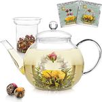 Teabloom Stovetop & Microwave Safe Glass Teapot (40 OZ / 1.2 L) with Removable Loose Tea Glass Infuser - Includes 2 Blooming Teas - 2-in-1 Tea Kettle and Tea Maker (Holds 4-5 Cups)