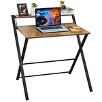 GreenForest Small Folding Desk No Assembly Required, Fully Unfold 27.3 x 22 inch 2-Tier Portable Computer Desk with Shelf Space Saving Foldable Table for Home Office Bedroom Small Spaces, Espresso