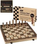 PlayVibe Wooden Chess Set 15'' - Checkers & Chess Board Game with 2 Extra Queens - Handmade Sets for All Ages - Family, Travel Board Games