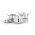 HORIZON Stainless Steel Serving Dish (Sultan PCS Set) with Lid (Handle Handi) Pot for Rice/Biryani/Curries/Dals Handi Pot 3 Pcs Set (Pot1-22.8X10.2cm, Pot2-25.8X10.5cm, Pot3-28.9X12.7cm)