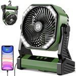 Amacool 20000mAh Battery Operated Fan with LED Lantern 8 inch Rechargeable Camping Fan with Hook for Tent Car Travel Jobsite Fishing Outdoor Hurricane Power Outage (Green)