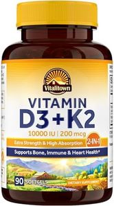 Vitalitown Vitamin D3 K2 Supplement, Vitamin D3 10000 IU Vitamin K2 (MK7) 200 mcg, 90 Softgels, Non-GMO, No Gluten & Soy, for Bone, Teeth, Immune, Heart & Muscle Health