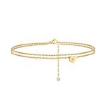 Heart Initial Ankle Bracelets for Women, 14K Gold Filled Handmade Dainty Layered Anklet Letter Initial Heart Ankle Bracelets for Women Beach Jewelry Gifts, Adjustable, Metal