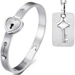 JewelryWe 2pcs Lovers Lock and Key Bracelet Necklace Set His and Her Couple Friends Matching Jewelry Set Distance Jewelry, for Valentine’s Day
