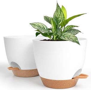 Winter Shore Maceta Autorriego de 20 cm [Pack de 2] - Maceta Plastico Blanco y Marrón con Agujeros de Drenaje, Platillo, Depósito de Agua - Macetas Decorativas Interior y Exterior Modernas
