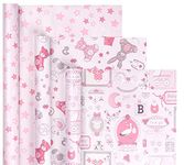 Holijolly Pink Wrapping Paper Roll - Bear Toy/Balloon, Baby/Star Print for Baby Shower, Girl- 43x305cm x 3 Rolls (43.77 sq.ft.TTL.)