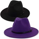 【2 Pack】 Fedora Hats for Women Fashionable Classic Wide Brim Womens Fedora Hat (Black+Purple)