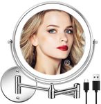 Rechargeable Wall Mounted Lighted Makeup Mirror 8 Inch Bathroom Mirror Double-Sided 1X/5X Magnification 3 Color Lights Dimmable LED Vanity Mirror Touch Screen 360° Swivel 13 Inch Extendable