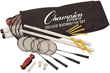 Champion Sports Outdoor Badminton Set: Deluxe Lawn & Party Game Kit Includes 4 Rackets 2 Shuttlecocks Net Poles & Posts plus Free Carrying Case - Great for BBQ Camping or the Beach