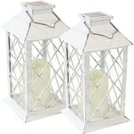 Sunnydaze Concord 11-Inch Solar LED Decorative Candle Lantern - Tabletop/Hanging Light - Set of 2 - White