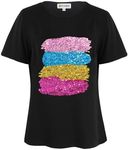 PESION Womens Metallic Sparkle Sequin Stripes Tops Shiny Rainbow T Shirt Blouse, Black+ Sequin Stripes, 3X-Large