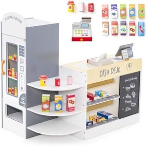 HONEY JOY Kids Grocery Store Playset, Wooden Supermarket Play Toy Set with Cash Register, POS Machine, Vending Machine, Writable Chalkboard, Pretend Play Cashier for Toddlers Aged 3-8 Years (White)