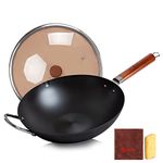 WANGYUANJI Carbon Steel Wok,14.2" Wok Pan with Lid, Woks & Stir-Fry Pans No Chemical Coated Wok for Induction, Electric, Gas, Halogen All Stoves,Flat Bottom Iron Wok