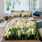 Daisy Flower Rose Duvet Cover Set Full Warm Grass Bedding Set Ultra Soft Microfiber Double Yellow Bloom Green Reversible Bedding Exotic Style Decor Comforter Cover 3pcs Bedding Set