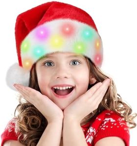 RELPOM Santa Hat Kids, Light Up Christmas Hat, Red Velvet Santa Claus Hat With LED Lights, Cute Santa Hat For Boys Girls