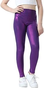 Girls Metallic Leggings Size 11-12 Years Old Shiny Purple Athletic Dance Compression Tights Pants, Purple, 11-12 Years