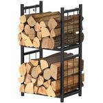 HEOMU Firewood Rack Indoor, Fireplace Tools Rack Outdoor, 2-Tier Holder with 4 Hooks, Stacking Organizer for Wood, Lumber Storage Carrier Fire Logs Stand for Fireplaces, Fire Pits and Stoves (Black)