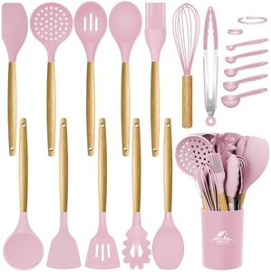 MIBOTE Silicone Cooking Kitchen Utensils Set with Holder, Wooden Handles BPA Free Silicone Turner Tongs Spatula Spoon Kitchen Gadgets Utensil Set for Nonstick Cookware (Pinky)