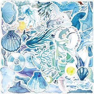 Watercolor Ocean Animal Stickers, 50 Pcs Cute Ocean Sea Life Stickers for Water Bottle Laptop Luggage Computer Phone Guitar Scrapbook, Blue Marine Life Vinyl Decals for Kids Teens Girls Adults