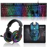 Gaming LED Keyboard Mouse Headset and Mousepad Bundle, CHONCHOW Wired Rainbow LED Light Up Gaming Keyboard Mouse Headset, Value 4 in 1 Game Set for Xbox PS4 PS5 PC Laptop Gamer