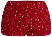 SHENHE Women's Glitter Sequin Leopard Shorts Low Rise Sexy Rave Club Booty Shorts Hot Pants Red Solid Small