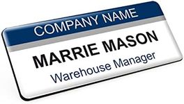 Badgemaster Dark Blue Grey Horizontal Stripes Personalised Premium Domed Bespoke Custom Name Badge 76 x 32mm White Black