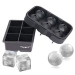 Ticent & Co. Silicone Ice Cube Trays (Set of 2), Sphere Ice Ball Maker with Lid & Large Square Moulds, Reusable & BPA Free