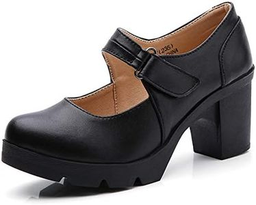 DADAWEN Women's Leather Classic Mid Heel Mary Jane Square Toe Oxfords Platform Dress Pumps Shoes Black US Size 7