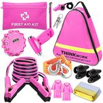 THINKWORK Car Emergency Kit for Teen Girls and Lady's Gifts, Pink Emergency Roadside Assistance Kit with 10FT Jumper, First Aid Kit, LED Flare, Deer Whistles, and More Ideal Pink Accessories Tool