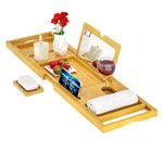 Premium Bathtub Tray Caddy with Makeup Mirror Bamboo - Bath Tray Expandable- Unique House Warming Gifts, New Home, Anniversary & Wedding Gifts for Couple, Bridal Shower Gift for Women