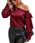 VIDUSSA Womens Satin Shirt Off Shoulder Silk Office Work Blouse Long Sleeve Casual Tunic Tops Wine Red S