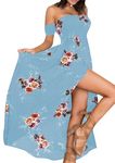 YMING Women's Flower Print Dress with High Waist Elegant Sexy Evening Dress Off Shoulder Maxi Dress Blue 2XL