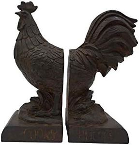 Comfy Hour Farmhouse Collection 9" Length 6" Height Set of 2 Rooster Design Art Bookends, 1 Pair, Antique Style, Heavy Weight, Rusty Effect, Polyresin