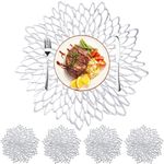 MI CASA 12 Pcs Round Placemats and Coaster Sets Leaf Silver PVC 6 Table Placemats + 6 Coasters Vinyl Heat Resistant Anti-slip and Washable Place Mats for Kitchen Wedding Christmas Table Decoration