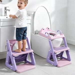 Orzbow Frog Potty Training Seat, Toddler Toilet Seat with Step Stool Ladder, 2-in-1 Potty Training Toilet Essentials for Boys Girls, Adjustable Height, Non-Slip Step and Splash Guard Design, Pink